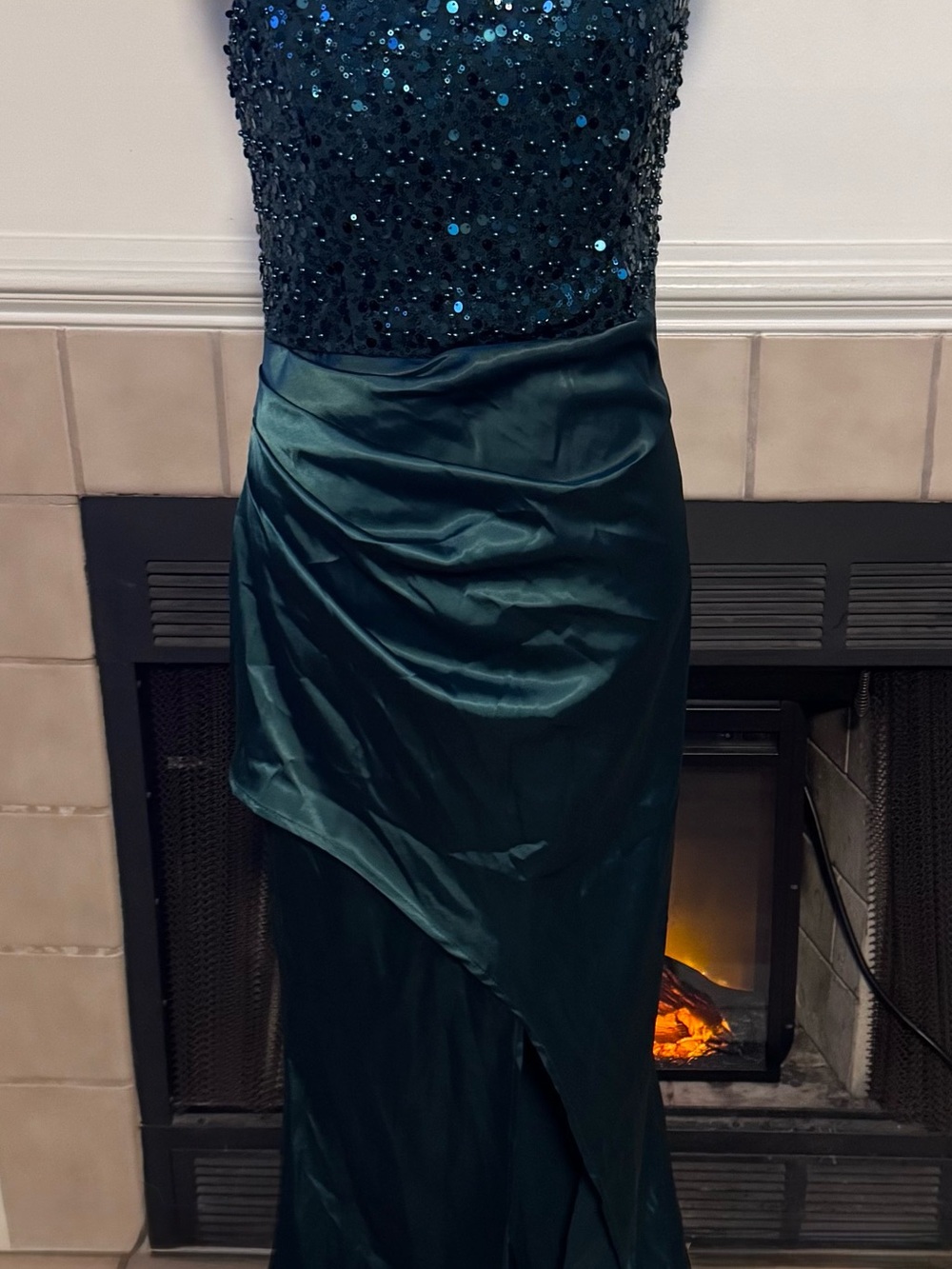NEW Fashion Nova Green Satin Gown with Sequin Bodice
